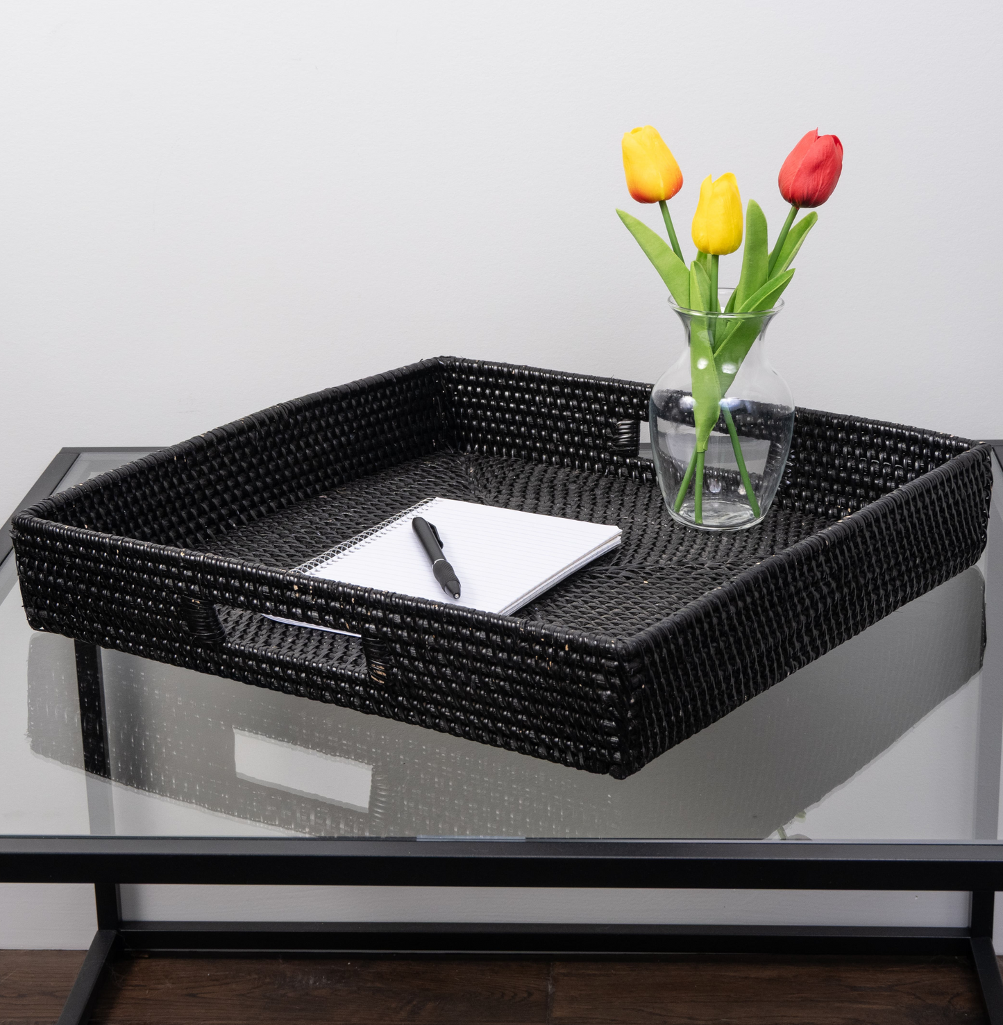 Square Rattan Serving & Ottoman Tray with Cutout Handles