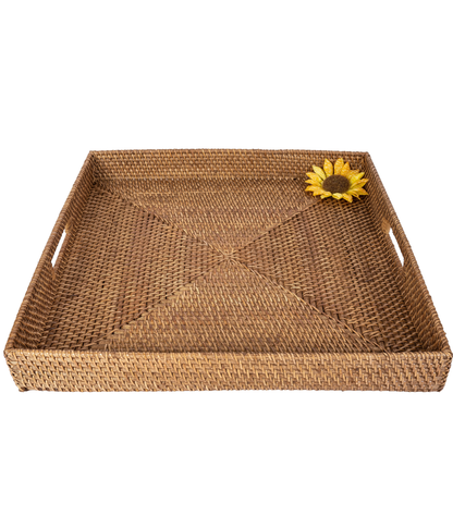 Square Rattan Serving & Ottoman Tray with Cutout Handles
