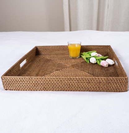 Square Rattan Serving & Ottoman Tray with Cutout Handles