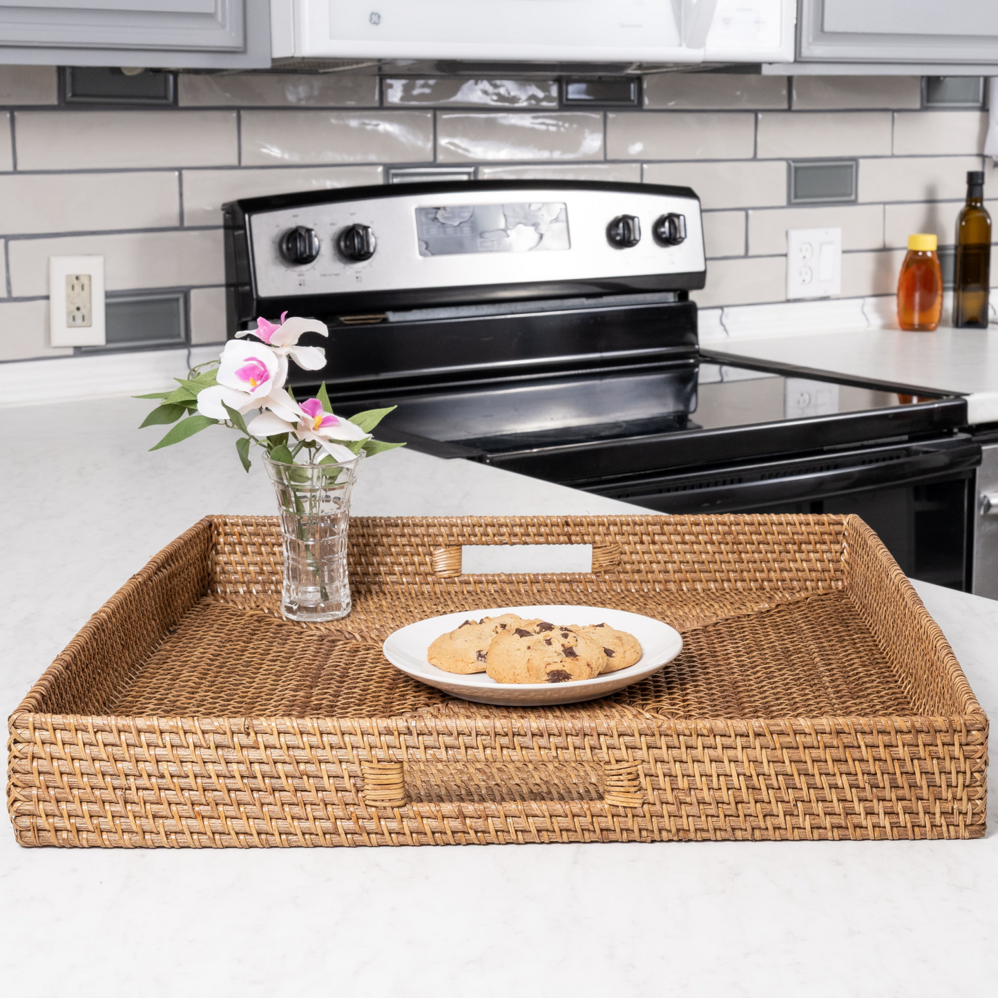 Square Rattan Serving & Ottoman Tray with Cutout Handles