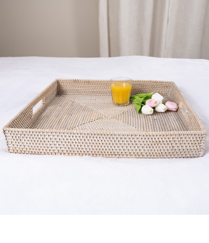Square Rattan Serving & Ottoman Tray with Cutout Handles