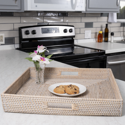 Square Rattan Serving & Ottoman Tray with Cutout Handles