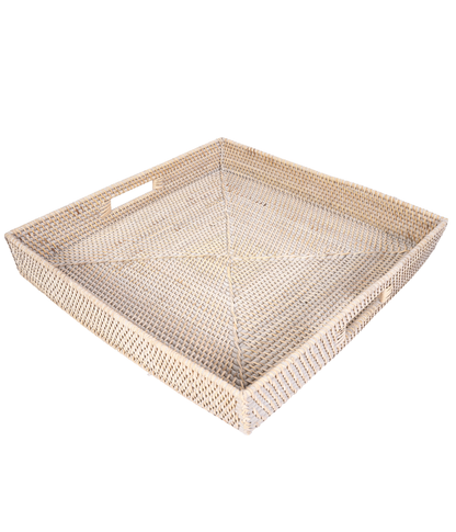 Square Rattan Serving & Ottoman Tray with Cutout Handles