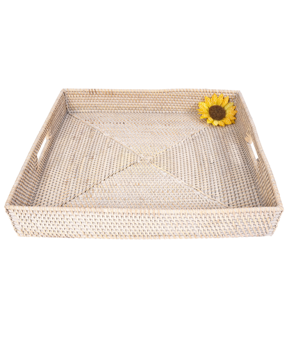 Square Rattan Serving & Ottoman Tray with Cutout Handles