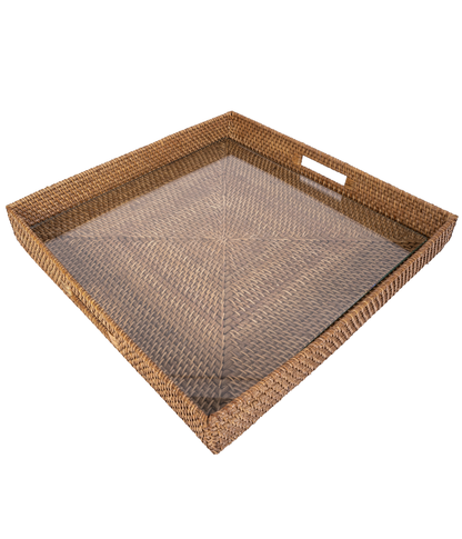 Rattan Square Serving Tray with Glass Insert