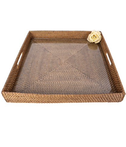 Rattan Square Serving Tray with Glass Insert