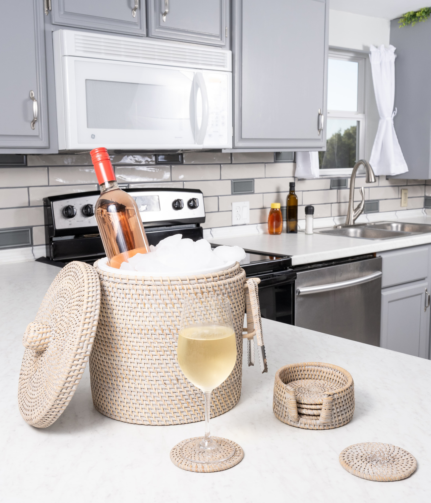 Rattan Ice Bucket with Tongs