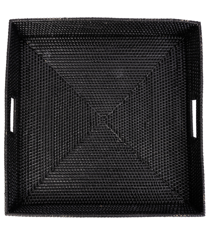 Square Rattan Serving & Ottoman Tray with Cutout Handles