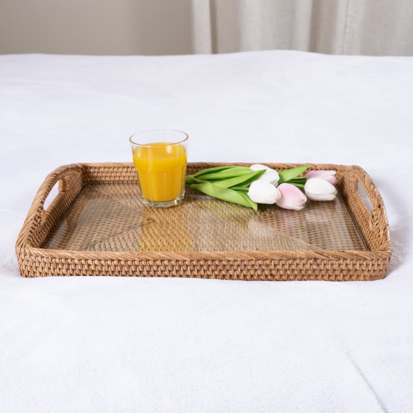 Rattan Rectangular Serving Tray with Glass Insert