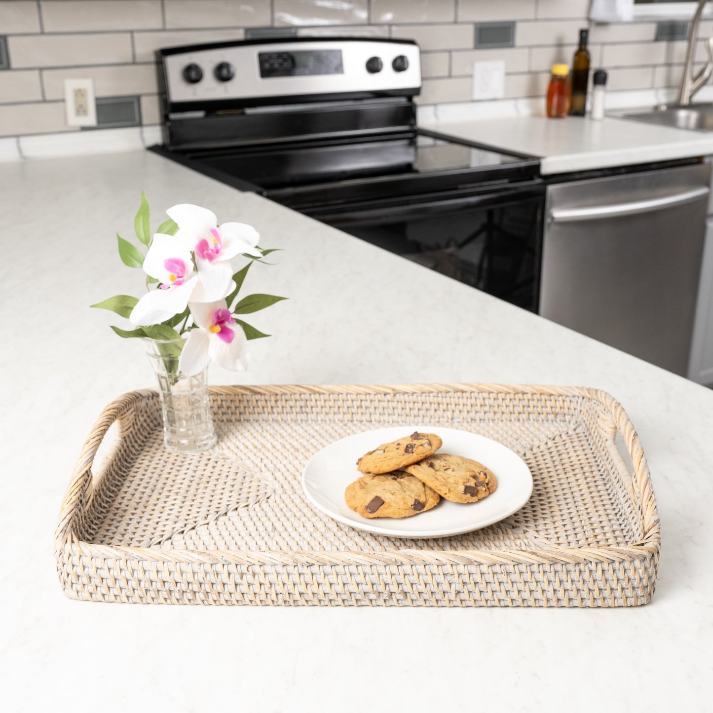 Rattan Rectangular Serving Tray with High Handles