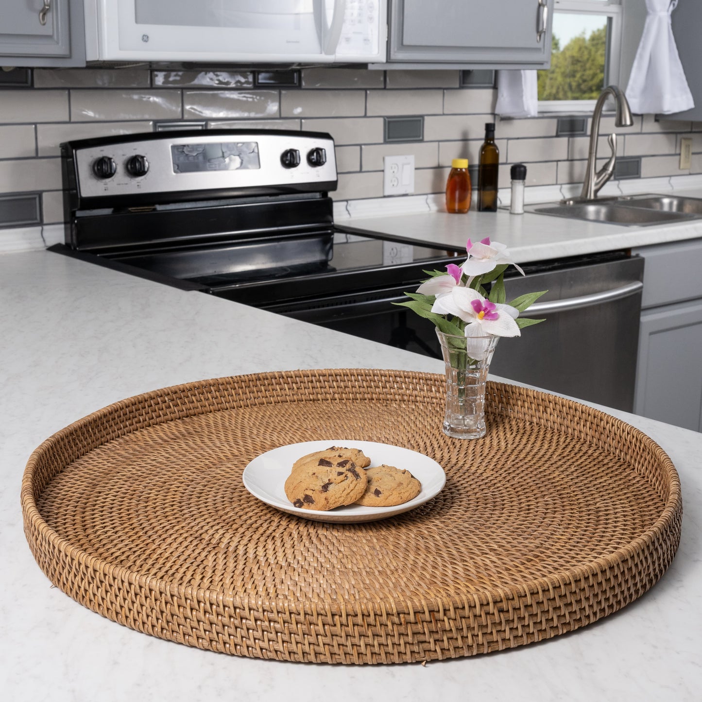 Rattan Oval Ottoman Tray with Cutout Handles