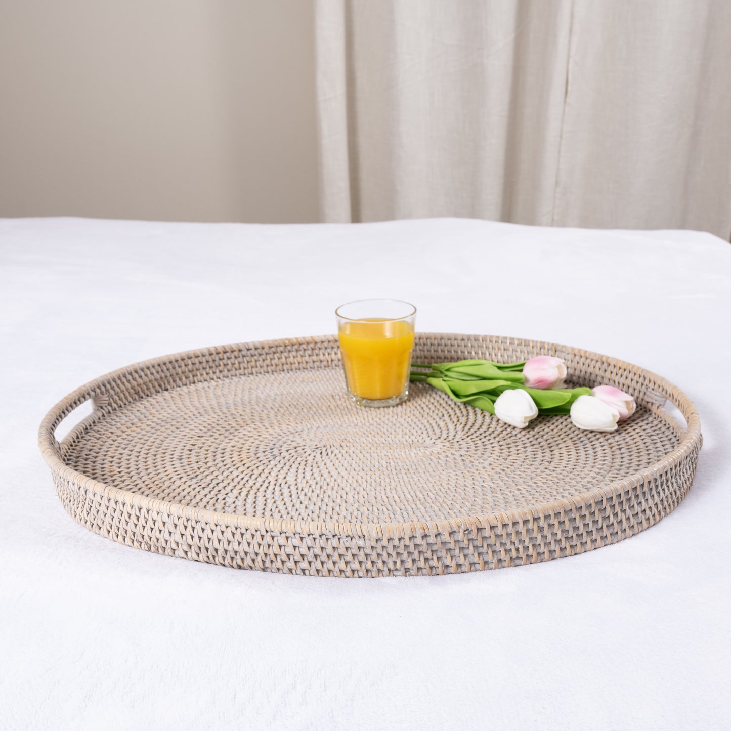Rattan Oval Ottoman Tray with Cutout Handles