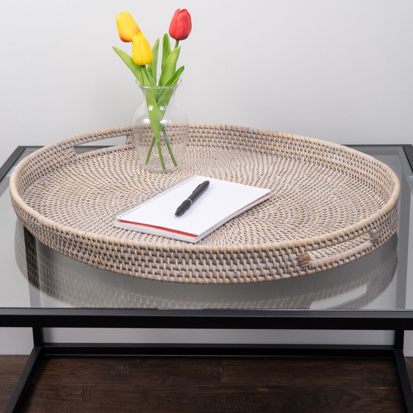 Rattan Oval Ottoman Tray with Cutout Handles