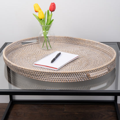 Rattan Oval Ottoman Tray with Cutout Handles