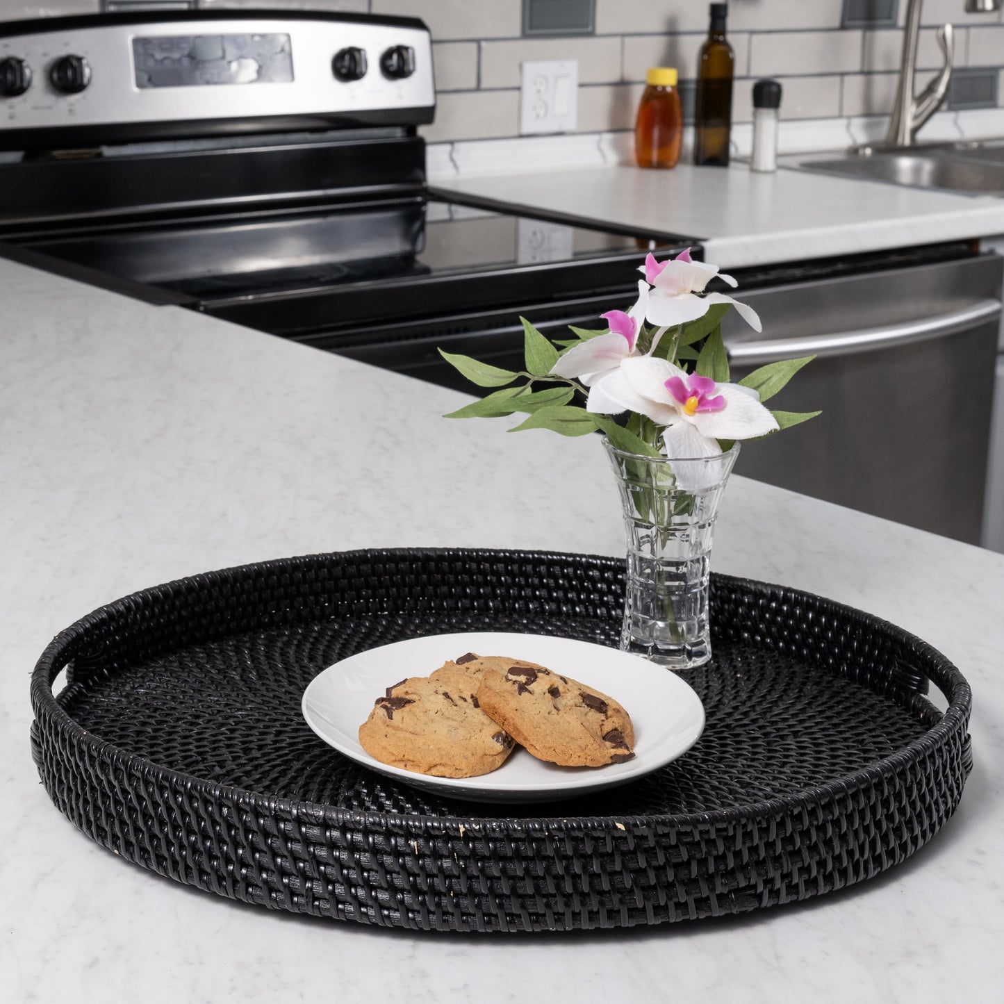 Rattan Oval Ottoman Tray with Cutout Handles