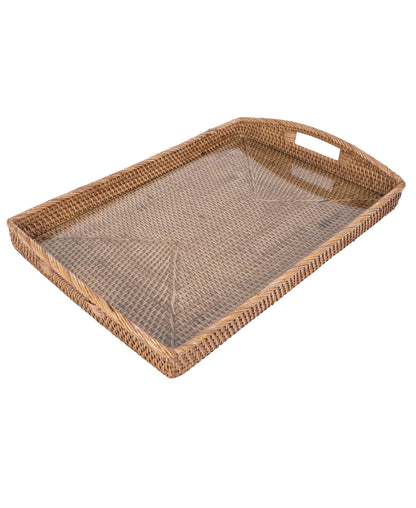 Rattan Rectangular Serving Tray with Glass Insert