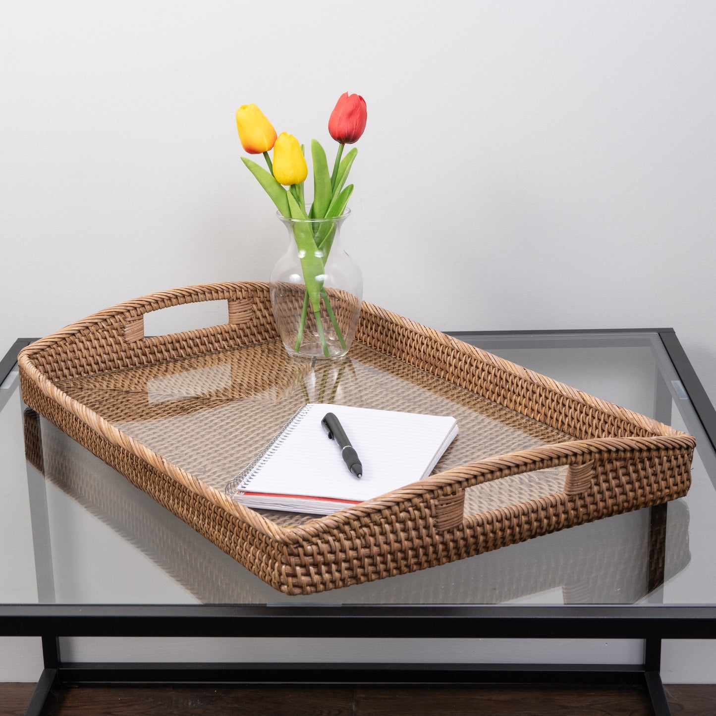 Rattan Rectangular Serving Tray with Glass Insert