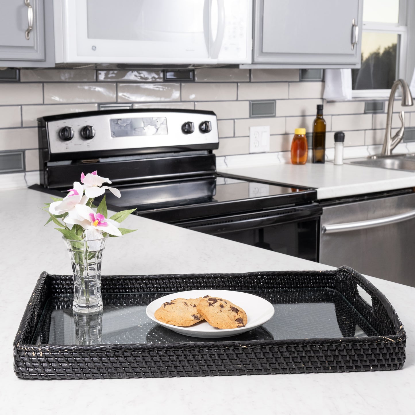 Rattan Rectangular Serving Tray with Glass Insert