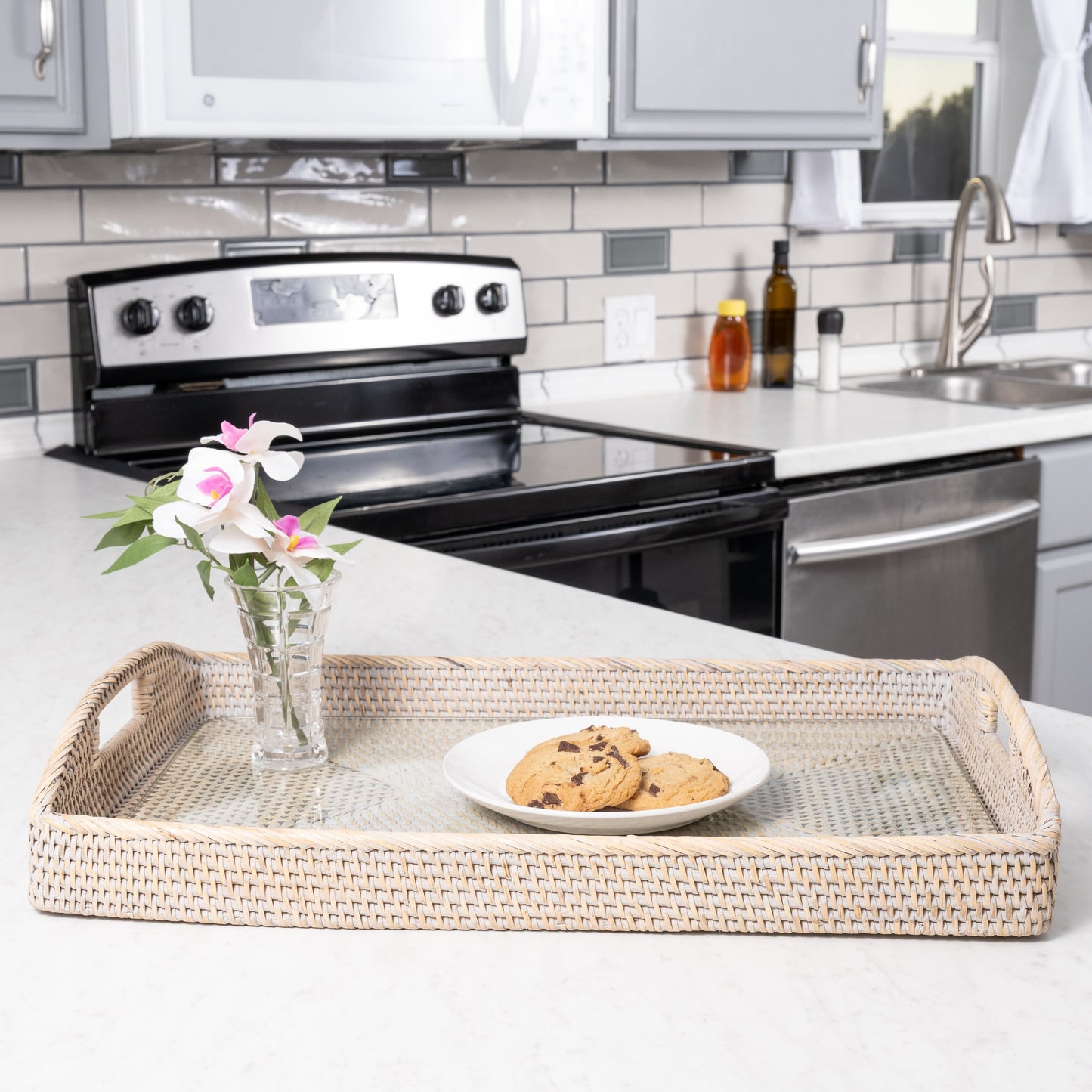 Rattan Rectangular Serving Tray with Glass Insert