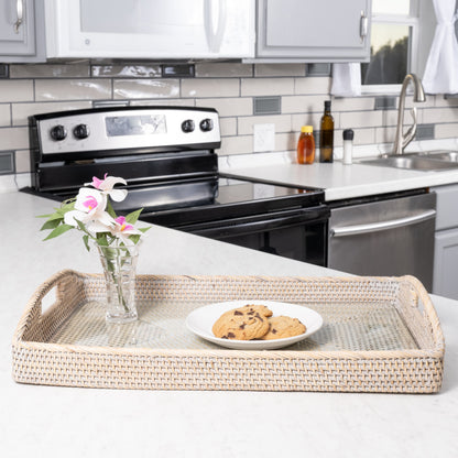 Rattan Rectangular Serving Tray with Glass Insert