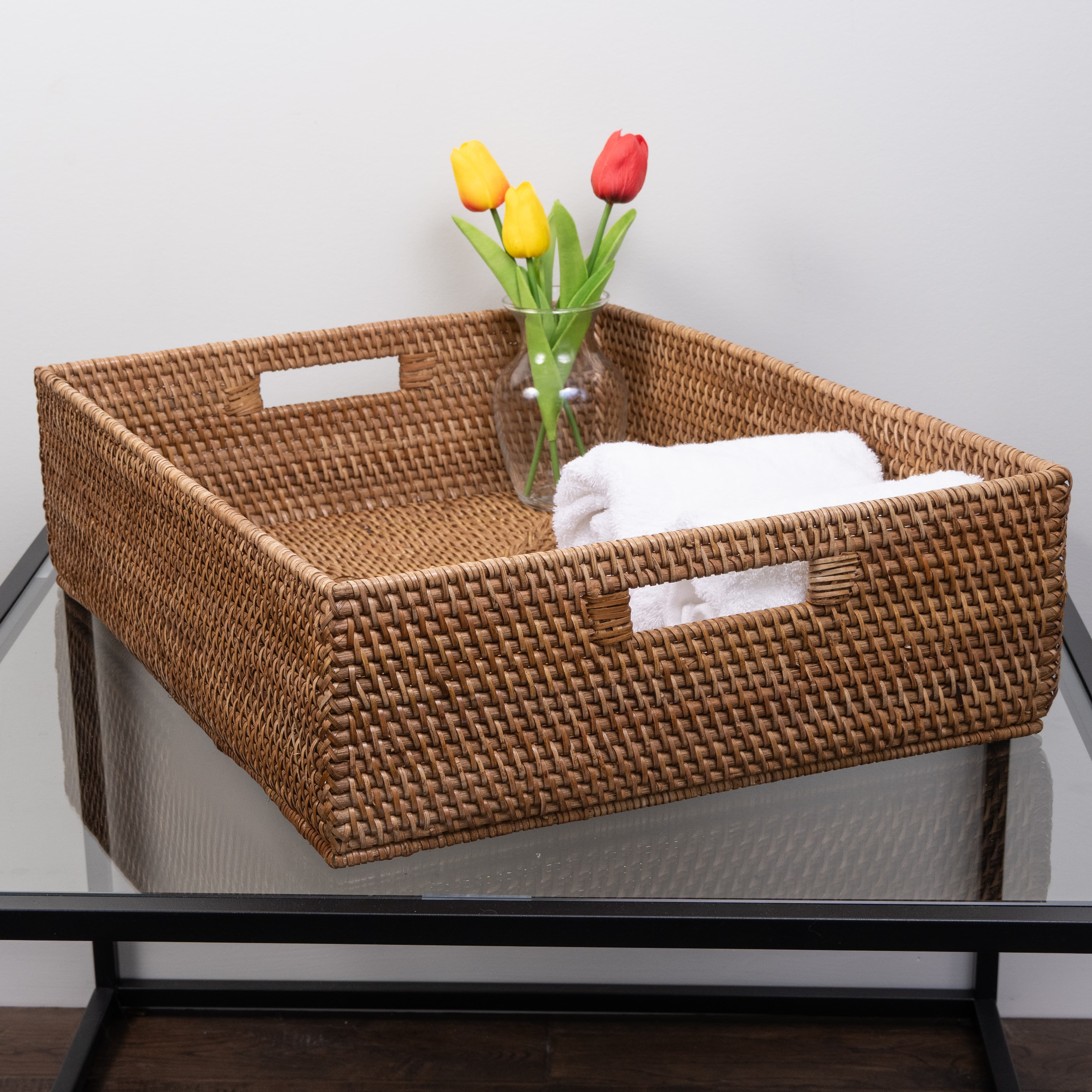 Rattan Rectangular Storage Basket with Cutout Handles – Saboga Home