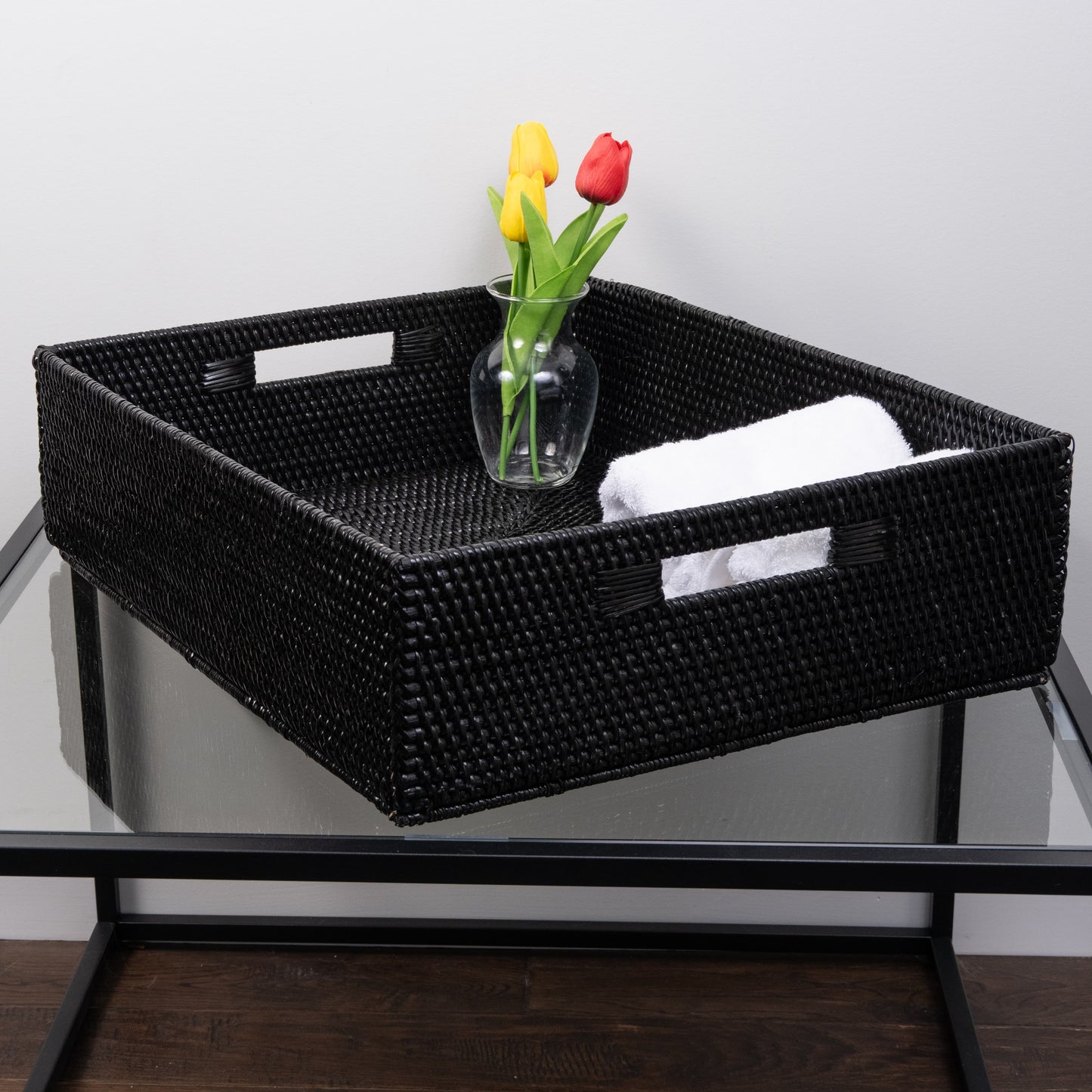 Rattan Rectangular Storage Basket with Cutout Handles