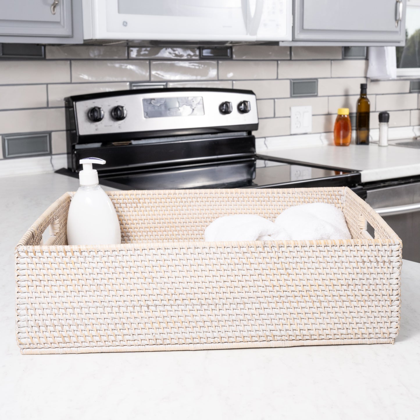 Rattan Rectangular Storage Basket with Cutout Handles