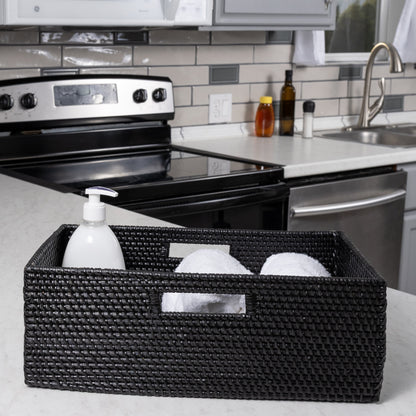 Rattan Rectangular Storage Basket with Cutout Handles