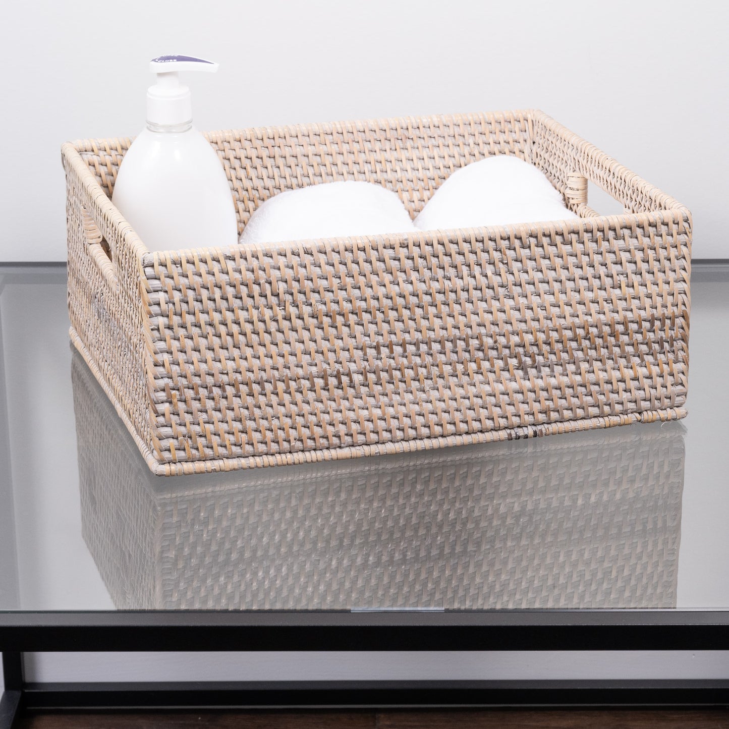 Rattan Rectangular Storage Basket with Cutout Handles