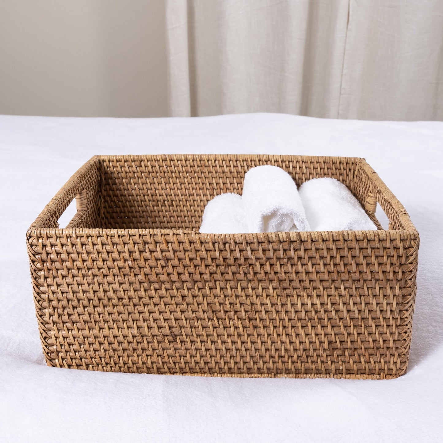 Rattan Rectangular Storage Basket with Cutout Handles