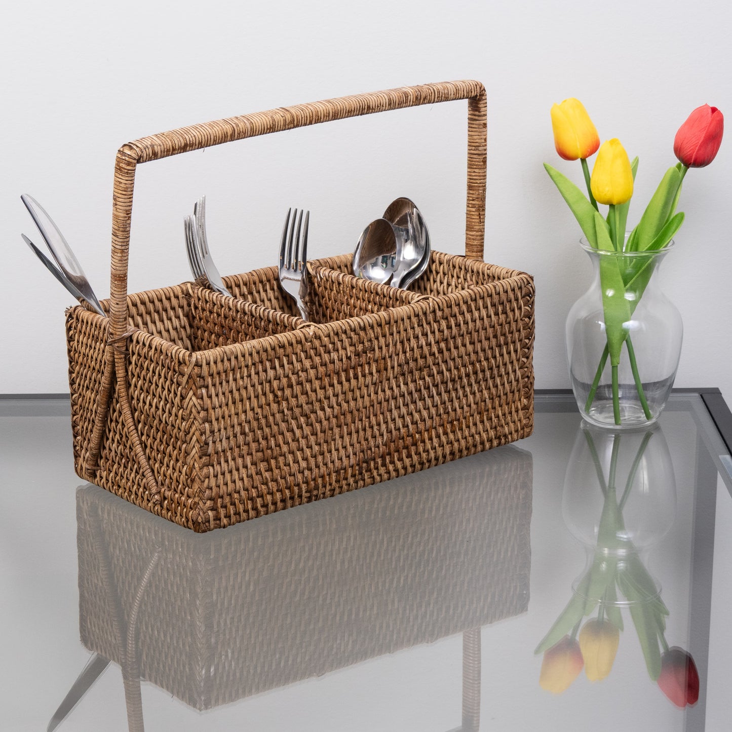 Rattan 3-Section Cutlery Caddy – Utensil Holder