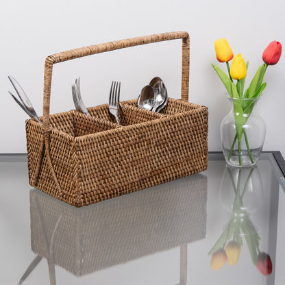 Rattan 3-Section Cutlery Caddy – Utensil Holder