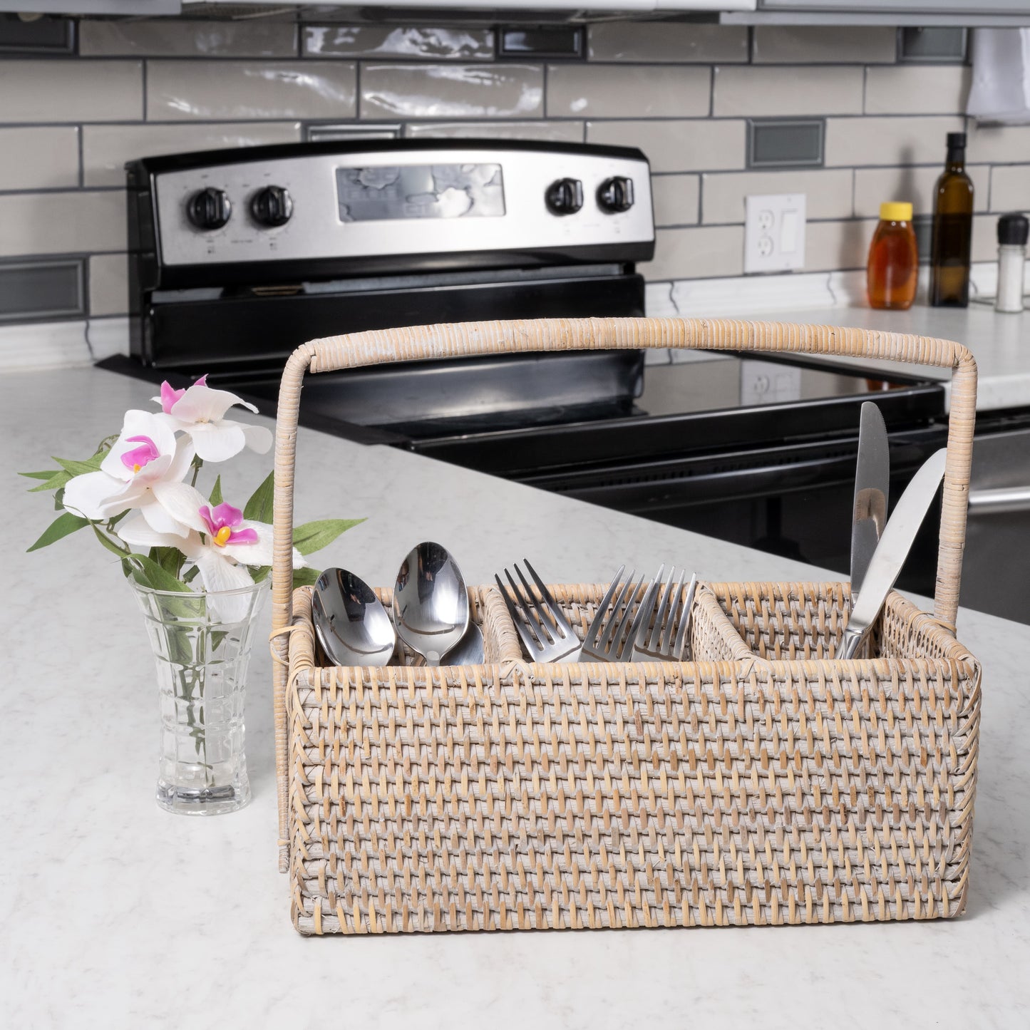 Rattan 3-Section Cutlery Caddy – Utensil Holder