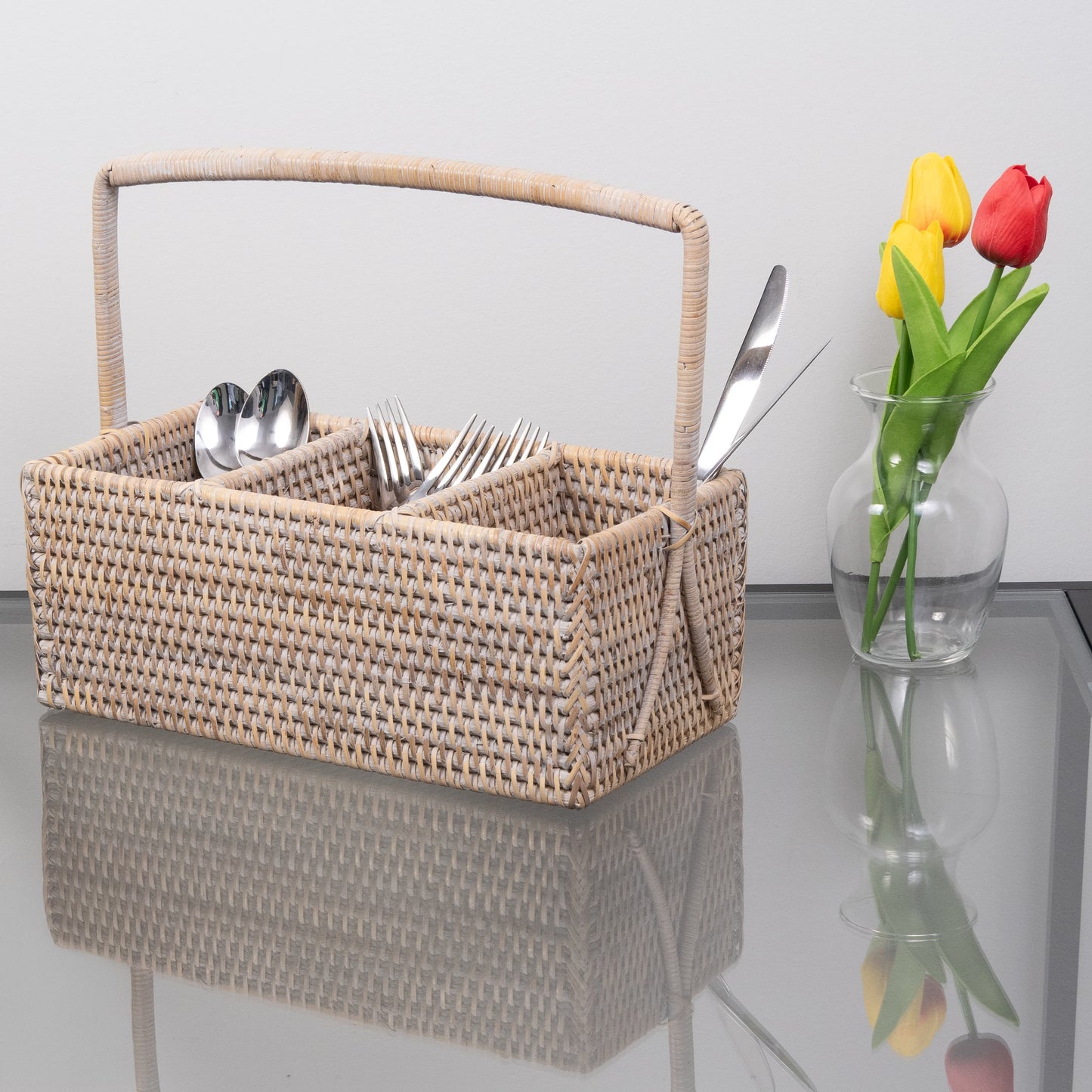 Rattan 3-Section Cutlery Caddy – Utensil Holder