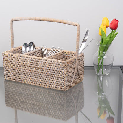 Rattan 3-Section Cutlery Caddy – Utensil Holder