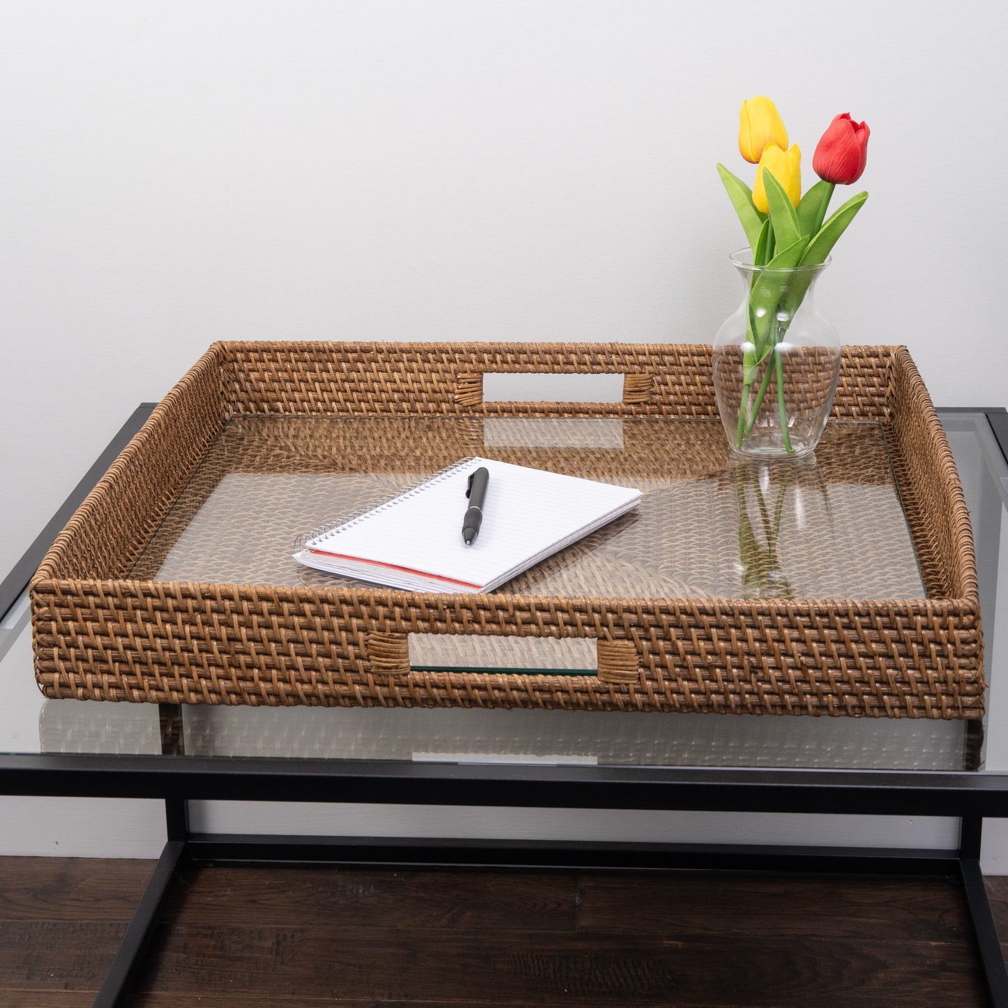 Rattan Square Serving Tray with Glass Insert