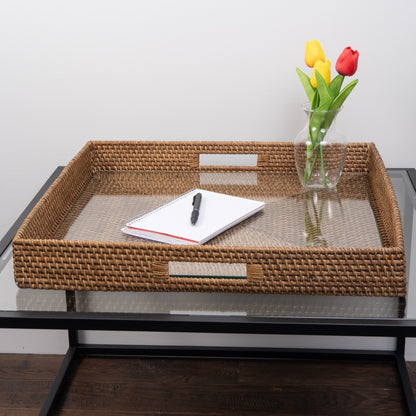 Rattan Square Serving Tray with Glass Insert