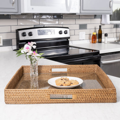Rattan Square Serving Tray with Glass Insert