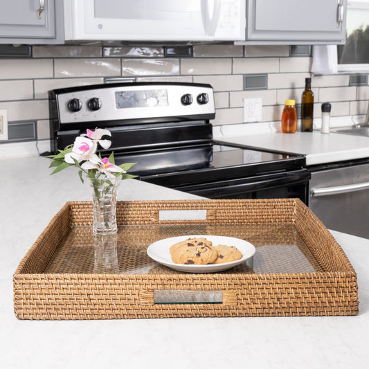 Rattan Square Serving Tray with Glass Insert