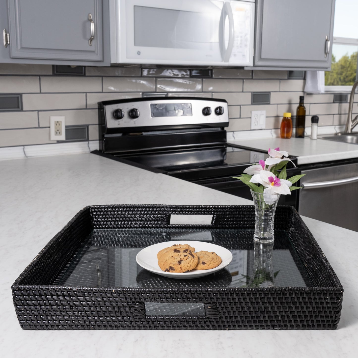 Rattan Square Serving Tray with Glass Insert