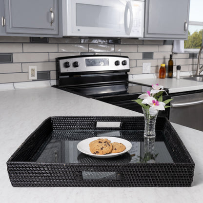 Rattan Square Serving Tray with Glass Insert