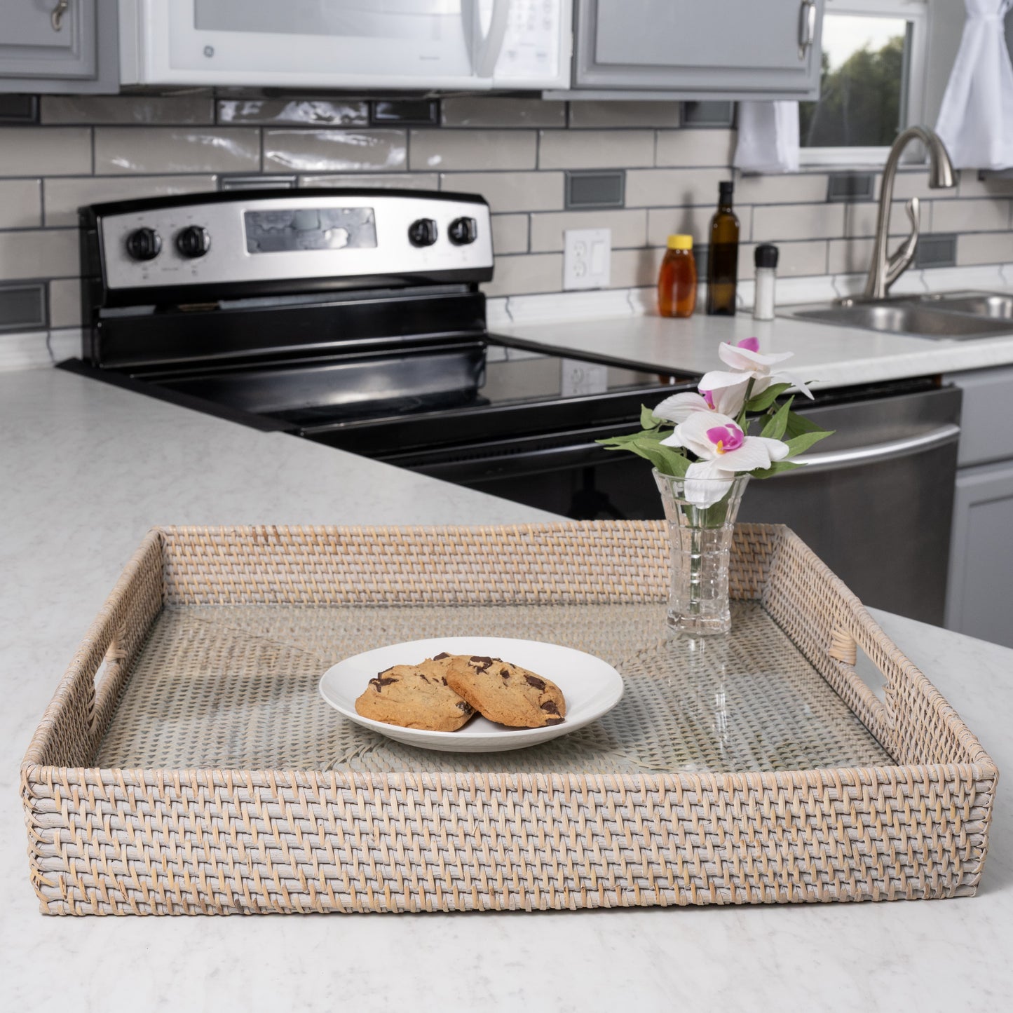 Rattan Square Serving Tray with Glass Insert