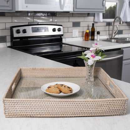Rattan Square Serving Tray with Glass Insert