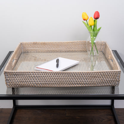 Rattan Square Serving Tray with Glass Insert