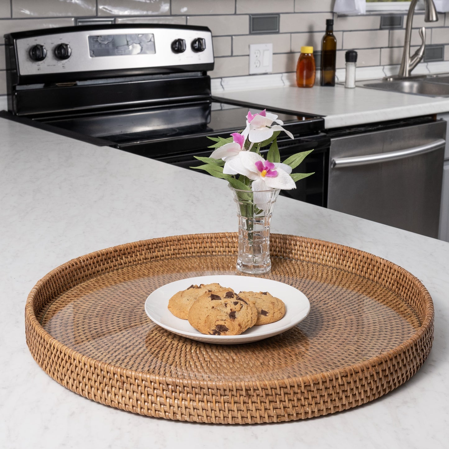 Rattan Round Serving & Ottoman Tray with Glass Insert