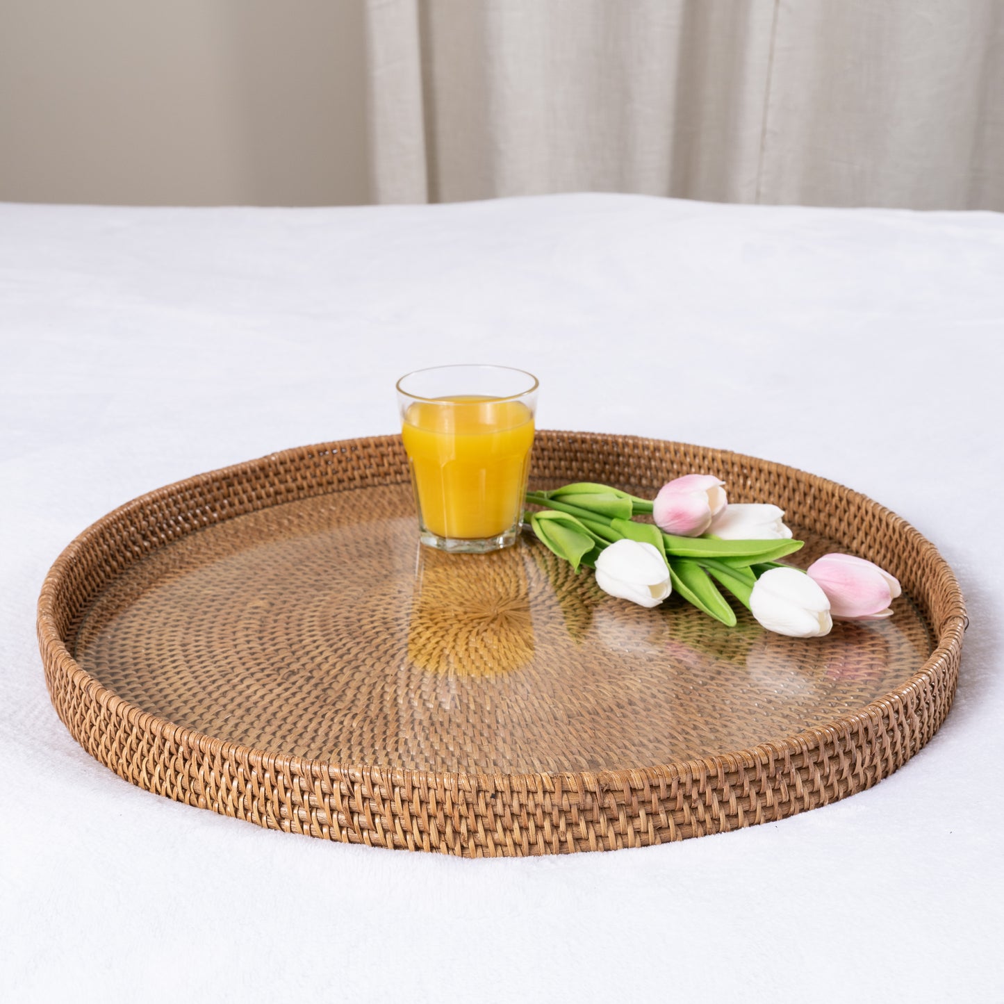 Rattan Round Serving & Ottoman Tray with Glass Insert