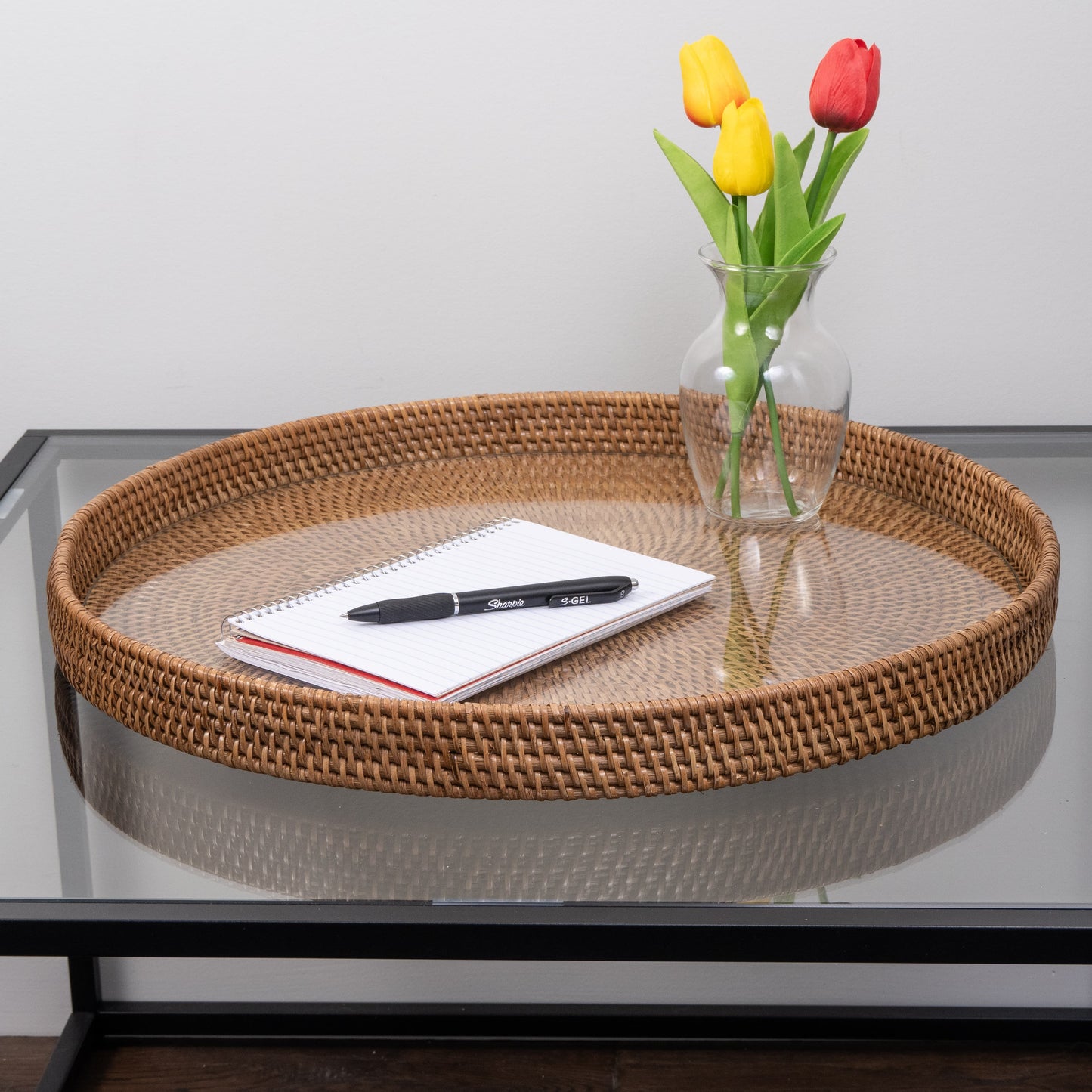 Rattan Round Serving & Ottoman Tray with Glass Insert