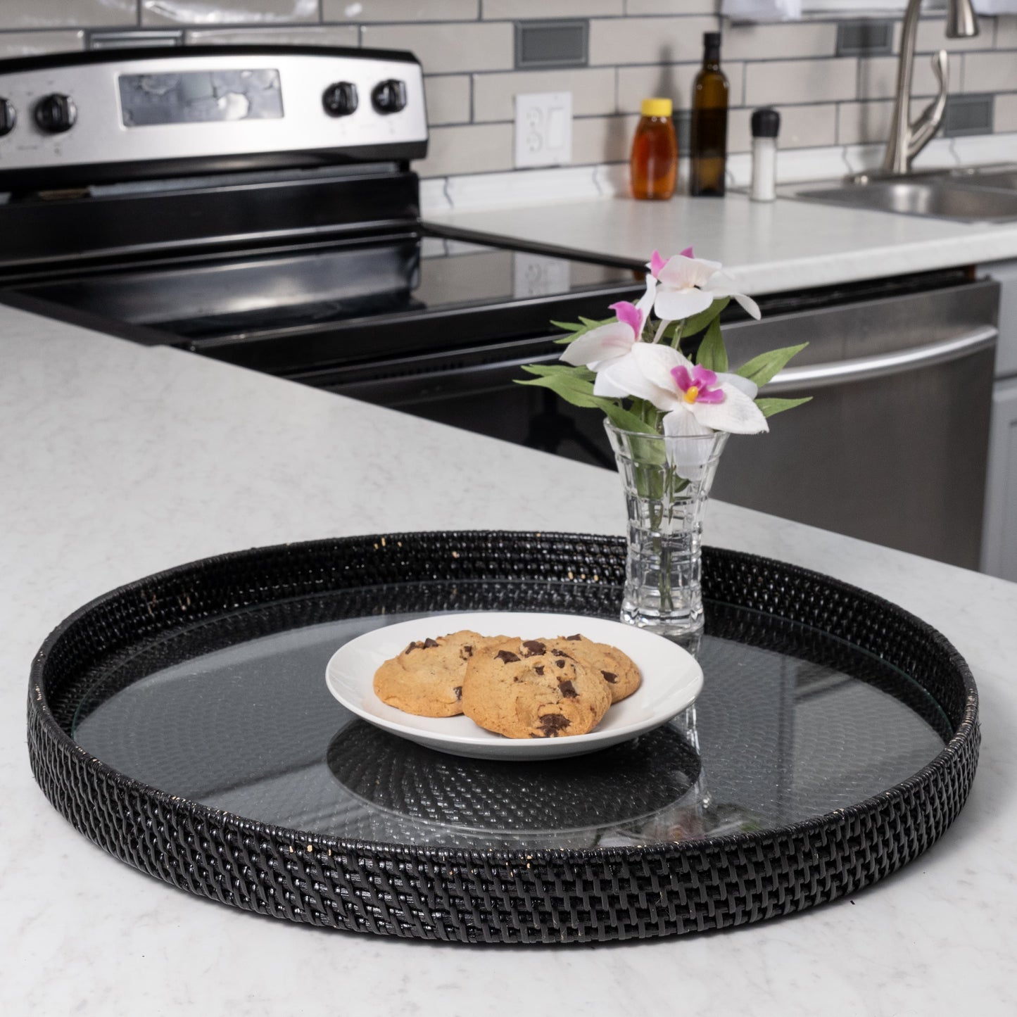 Rattan Round Serving & Ottoman Tray with Glass Insert