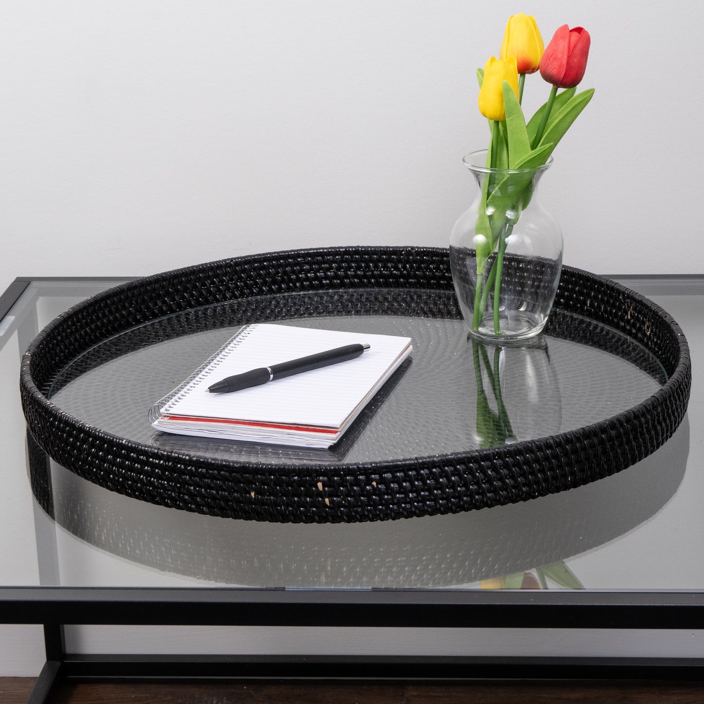 Rattan Round Serving & Ottoman Tray with Glass Insert