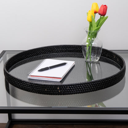 Rattan Round Serving & Ottoman Tray with Glass Insert